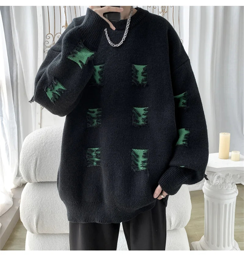 2025 New Ripped Design Crewneck Sweater For Men High Street Patchwork Knitted Jumpers Y2K Vintage Christmas Knitwear Pullovers Street King Limited