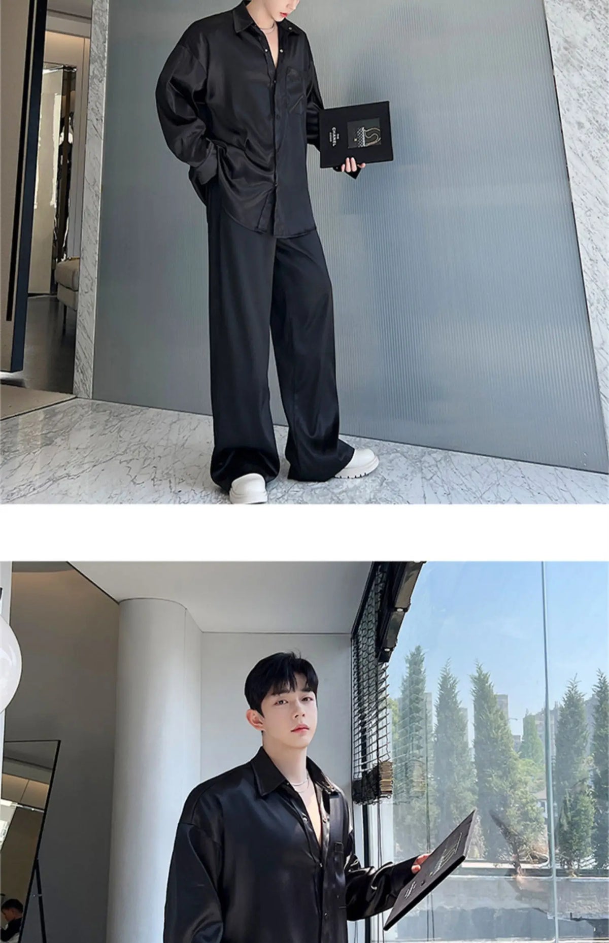 men silk style streetwear fashion loose casual long sleeve shirts pants 2 pieces sets male vintage suits blouses trousers unique default style 2746