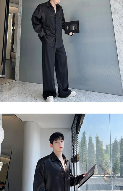 men silk style streetwear fashion loose casual long sleeve shirts pants 2 pieces sets male vintage suits blouses trousers unique default style 2746