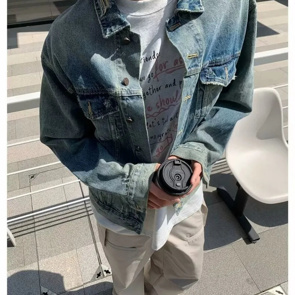 high street washed denim jacket mens trends new spring streetwear single breasted casual hip hop coats loose cowboy outwear unique jeans style 3987