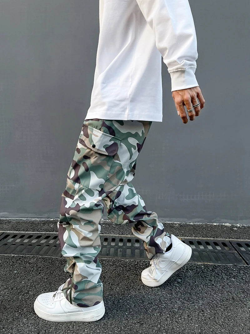 Street Wear Functional Camouflage Cargo Trousers Men Waterproof Pockets Pleated Zip Up Tapered Pants Nylon Belt Men's Clothes Street King Limited