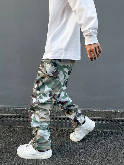 Street Wear Functional Camouflage Cargo Trousers Men Waterproof Pockets Pleated Zip Up Tapered Pants Nylon Belt Men's Clothes Street King Limited