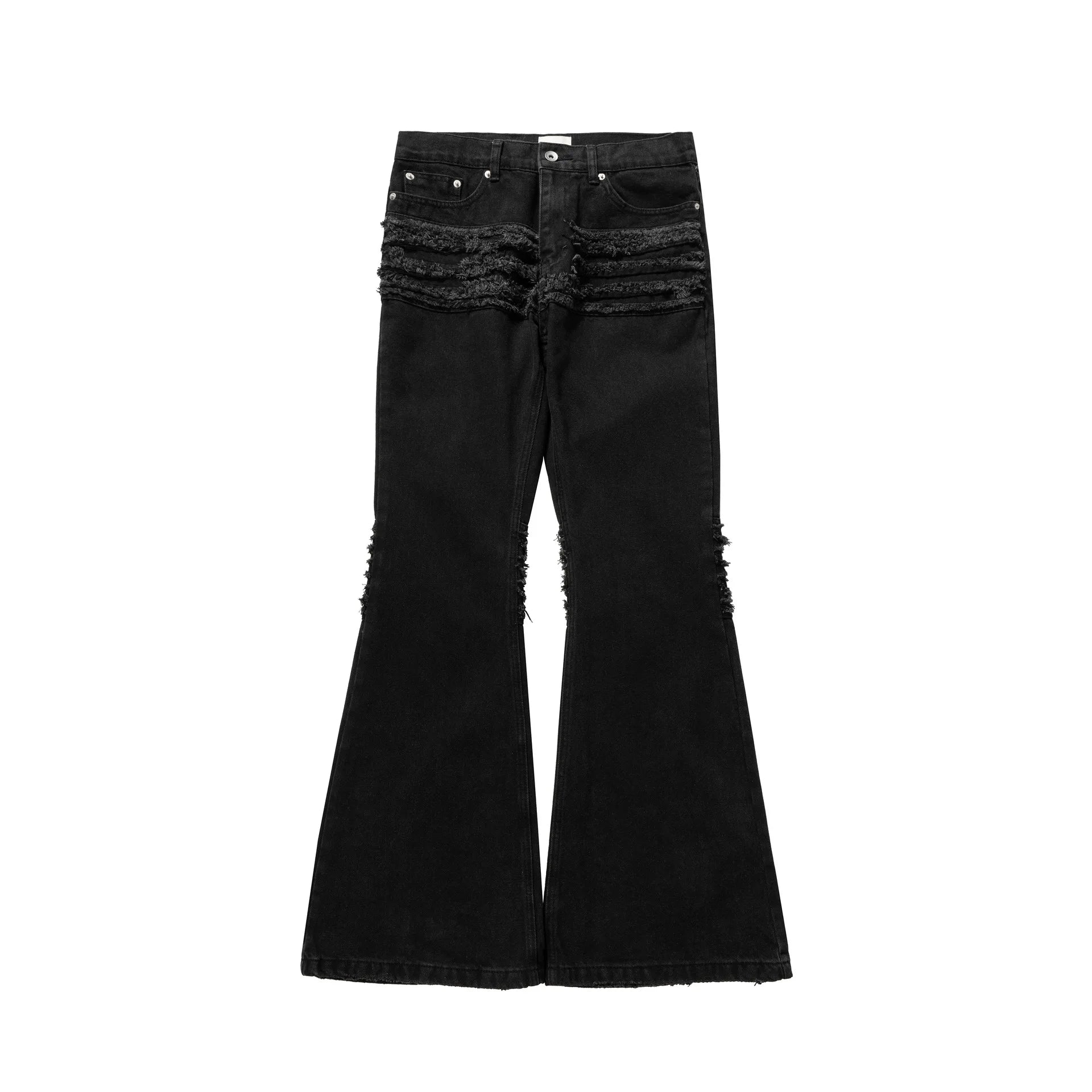 y2k streetwear trendy oversized micro flare jeans black ro hip hop washed tassel distressed denim jean raw edge mens wide pants unique jeans style 4776