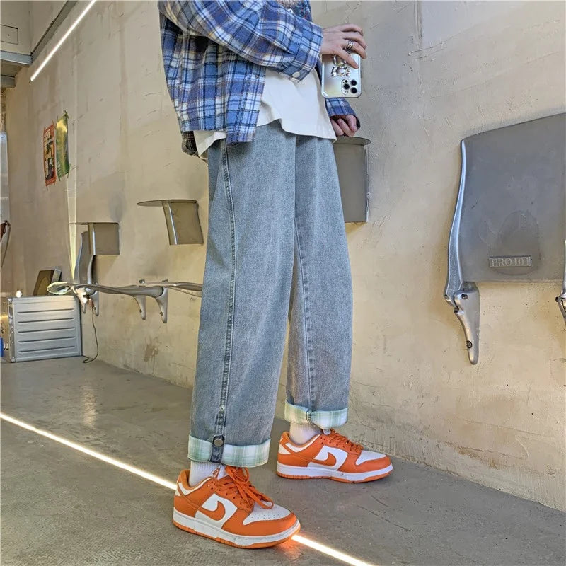 autumn plaid cuffs wide leg jeans for men high street fashion straight denim pants mujer elastic y2k baggy blue jean trousers stacked flare jeans
