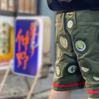 Japanese Eyes Embroidery Washed Military Green Worn Canvas Shorts for Men Summer Pockets Baggy Cargo Short Oversized Street King Limited
