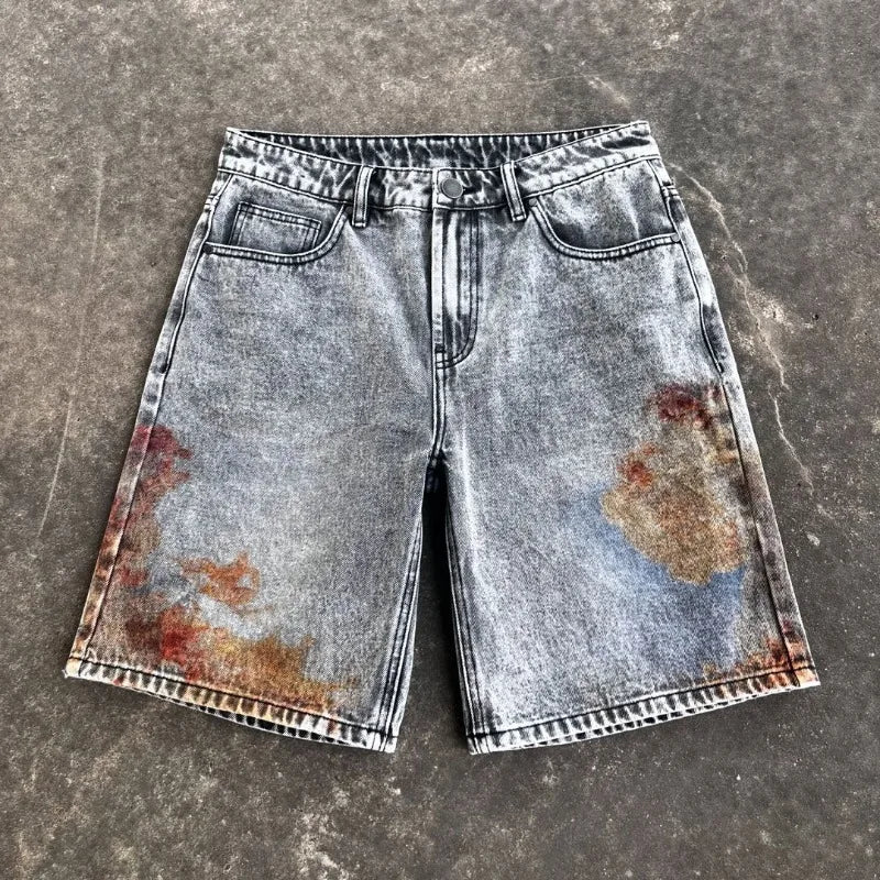 harajuku retro cartoon print oversized wide leg pants gothic washed distressed jeans men y2k fashion casual denim shorts women ripped baggy denim