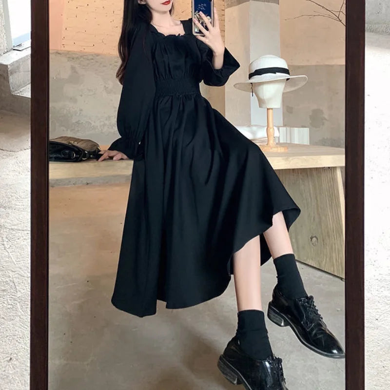 Black Elegant Dress Women Vintage Long Sleeve Spring Autumn Dresses Square Collar Oversize Loose Casual Robe Streetwear Street King Limited