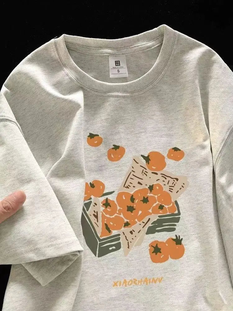 American summer trend orange print graphic T-shirt retro men and women loose fitting couple casual short sleeved top harajuku Street King Limited