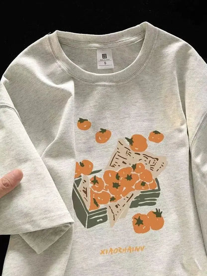 American summer trend orange print graphic T-shirt retro men and women loose fitting couple casual short sleeved top harajuku Street King Limited