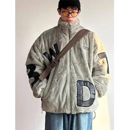 Street Lamb Wool Jacket Mens 2024 Winter Stand Collar Letter Patchwork College Parkas Fleece Warm New Thickening Couple Coats Street King Limited