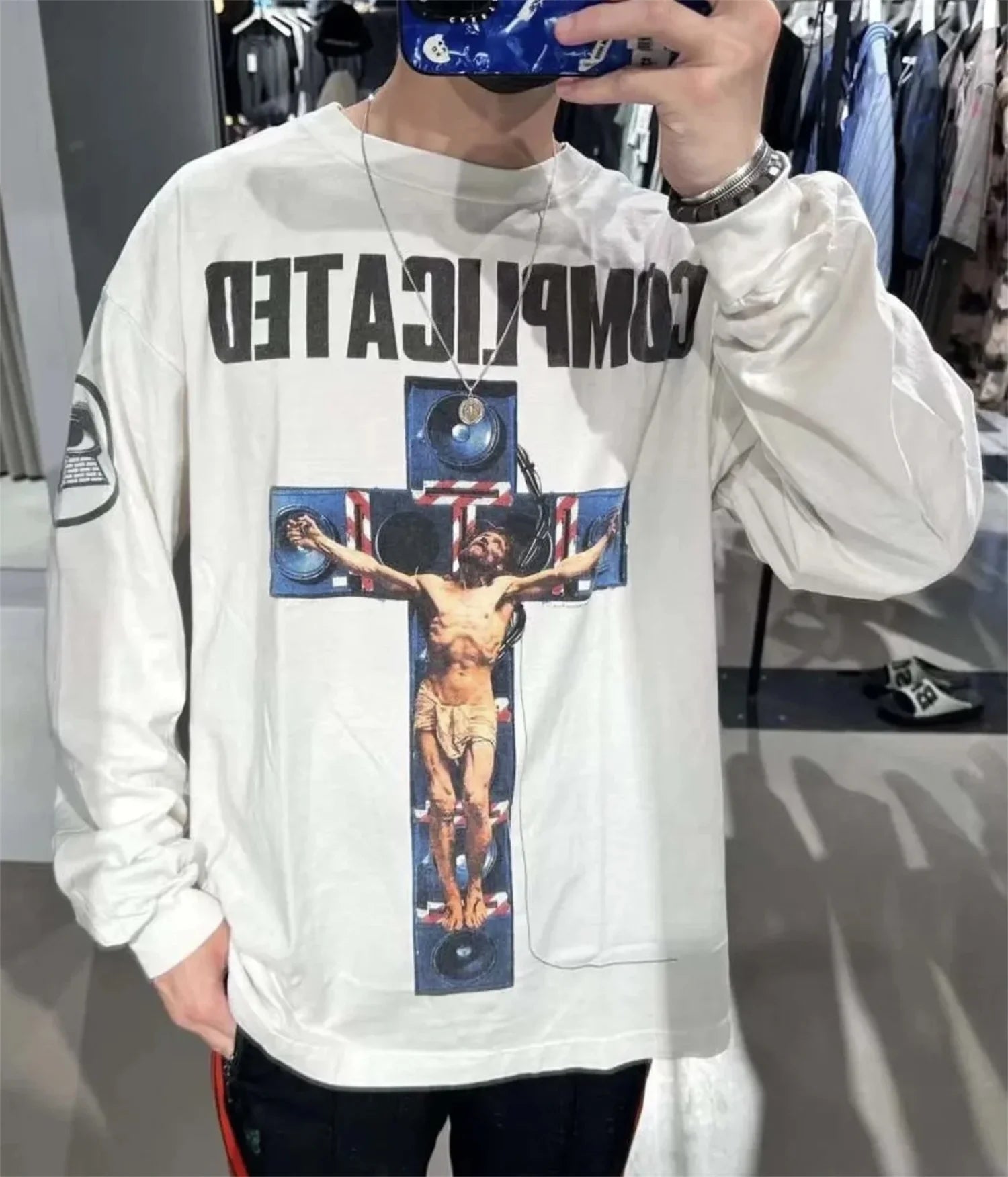 Summer 24ss Cross Print Brand Fashion Round Neck High-Street Round Neck Cotton Long Sleeve T Shirt Pullover Street King Limited