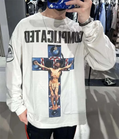 Summer 24ss Cross Print Brand Fashion Round Neck High-Street Round Neck Cotton Long Sleeve T Shirt Pullover Street King Limited