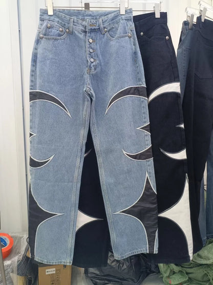 harajuku pu leaher embroidery patchwork baggy y2k jeans mens streetwear straight oversized denim trousers unisex cargo pants unique cargo style 4823