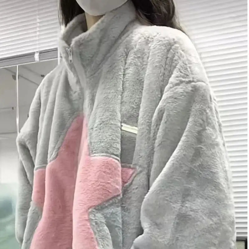 High Quality Plush Coat Pink Stars Zip Sweater Autumn Winter Jacket Women Warm Casual Slouchy Style Y2k Top Korean Fashion Coats Street King Limited