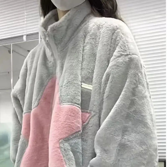 High Quality Plush Coat Pink Stars Zip Sweater Autumn Winter Jacket Women Warm Casual Slouchy Style Y2k Top Korean Fashion Coats Street King Limited