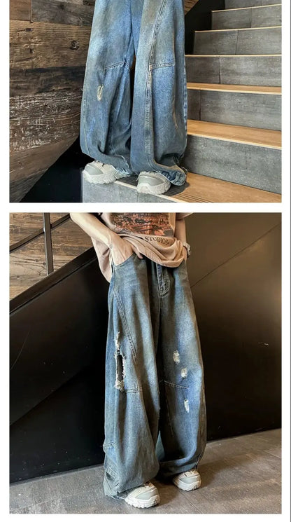 american style dirty and torn hole design straight leg wide leg jeans for men and women high street loose street casual pants unique jeans style 656