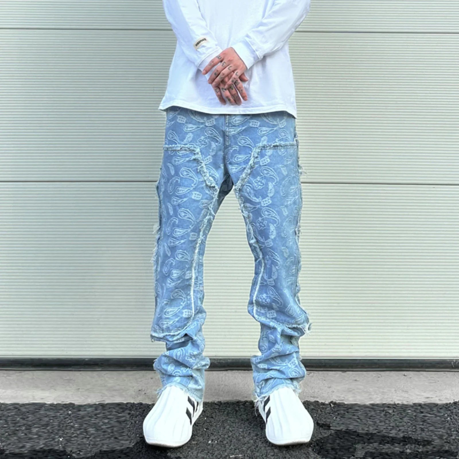 vintage high street washed light blue flared jeans cashew flower jacquard pattern rough edge jeans pants for men and women urban skinny jeans