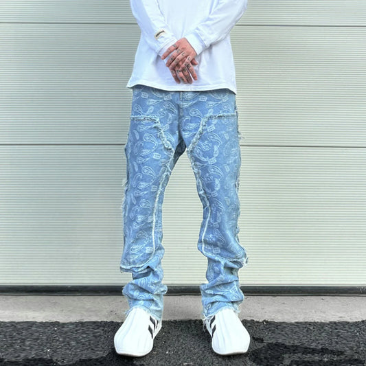 vintage high street washed light blue flared jeans cashew flower jacquard pattern rough edge jeans pants for men and women urban skinny jeans