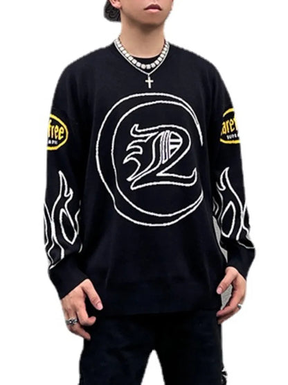 Hip Hop Knitted Sweater Men Letter Fire Pattern O-neck Pullover Streetwear Casual Loose Sweater Unisex Harajuku Jumpers Knitwear Street King Limited