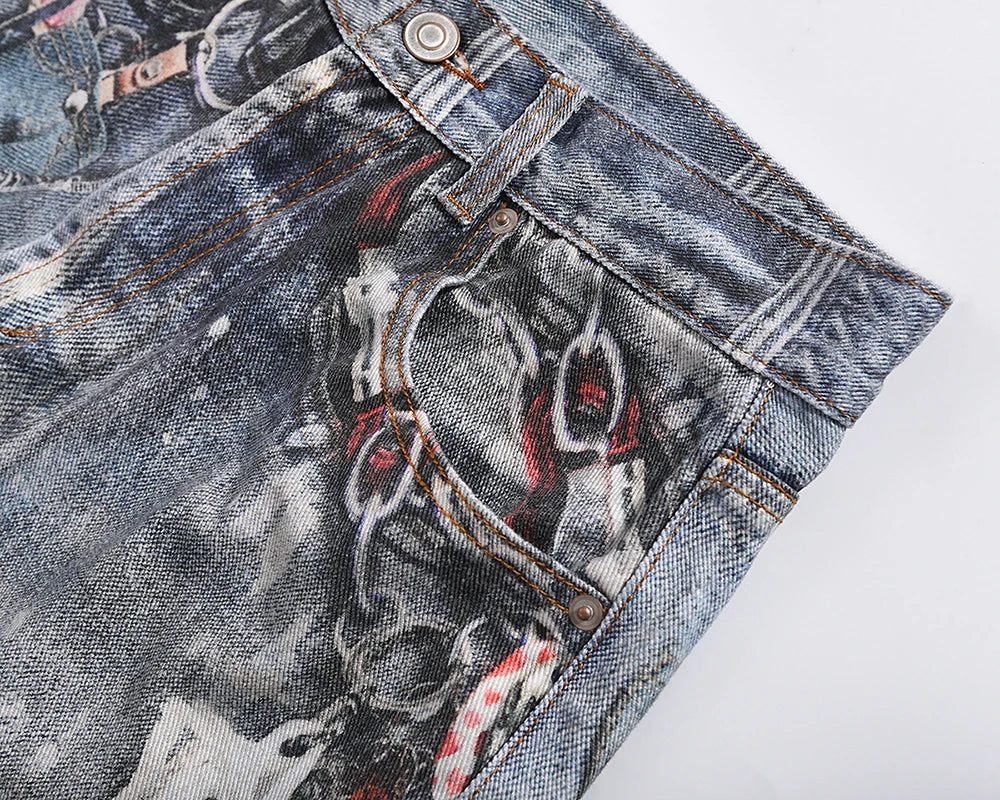 high street chain print frayed washed baggy jeans for men and women y2k casual loose denim trousers ropa hombre casual pants unique jeans style 409
