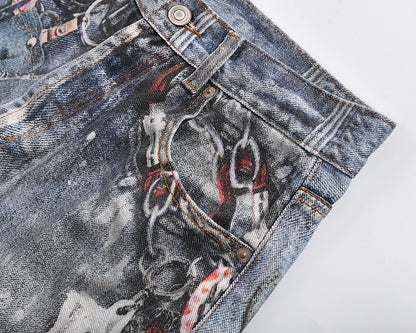 high street chain print frayed washed baggy jeans for men and women y2k casual loose denim trousers ropa hombre casual pants unique jeans style 409