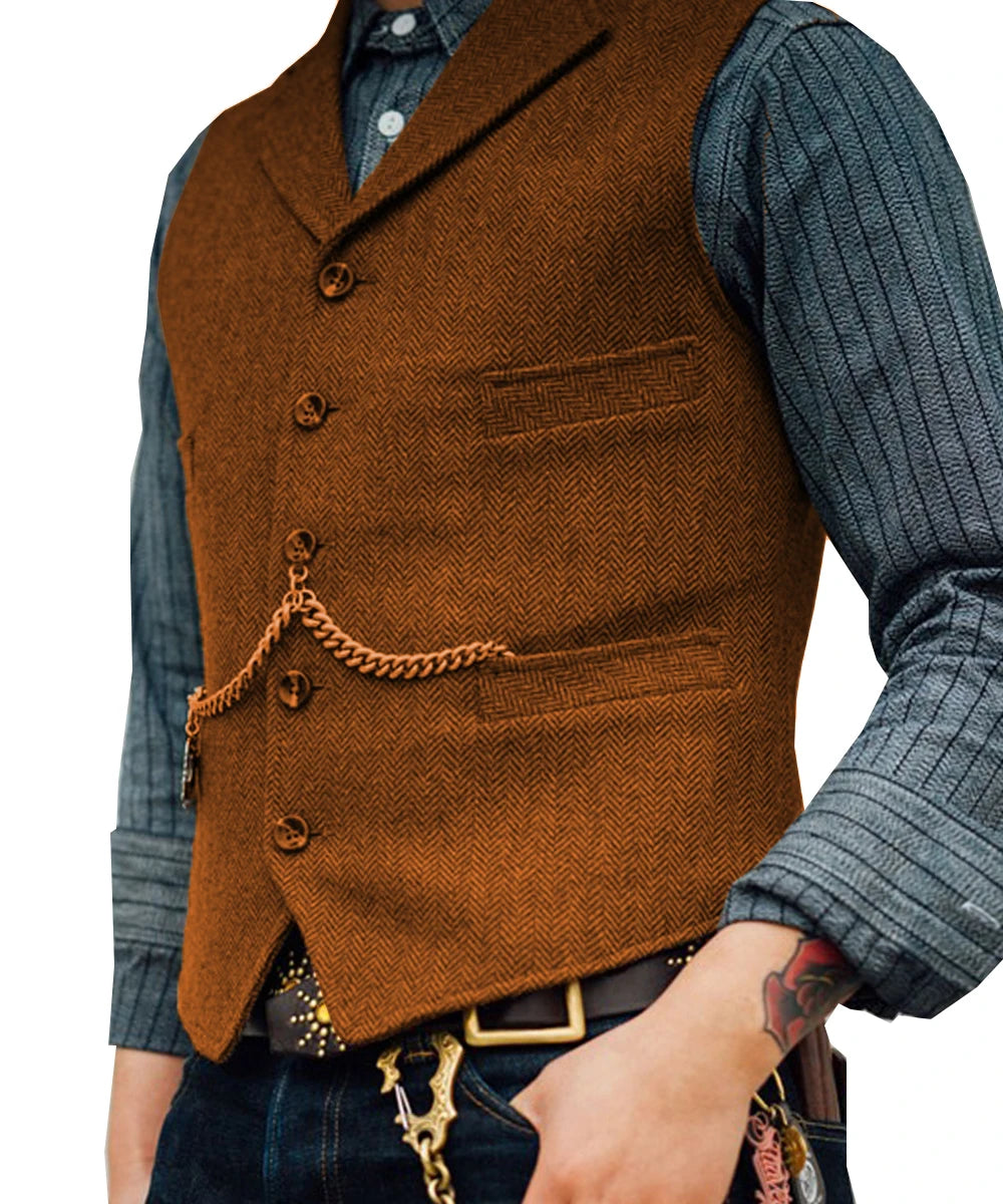 Business Mens Suit Vest Lapel V Neck Wool Herringbone Casual Brown Waistcoat Casual Formal Groomsman Jacket For Wedding Street King Limited