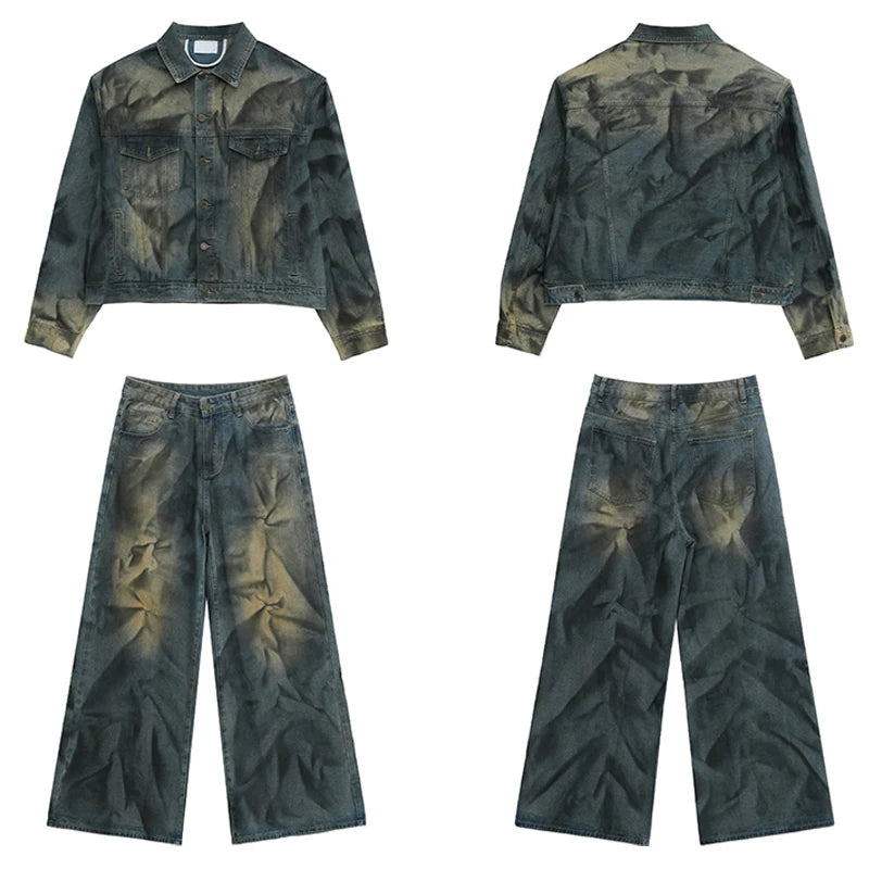 2 pieces sets mens fashion dirty graffiti wide shouder denim jeans jacket coat and wide legs pants joggers new streetwear sets unique joggers style 3560