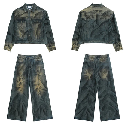 2 pieces sets mens fashion dirty graffiti wide shouder denim jeans jacket coat and wide legs pants joggers new streetwear sets unique joggers style 3560