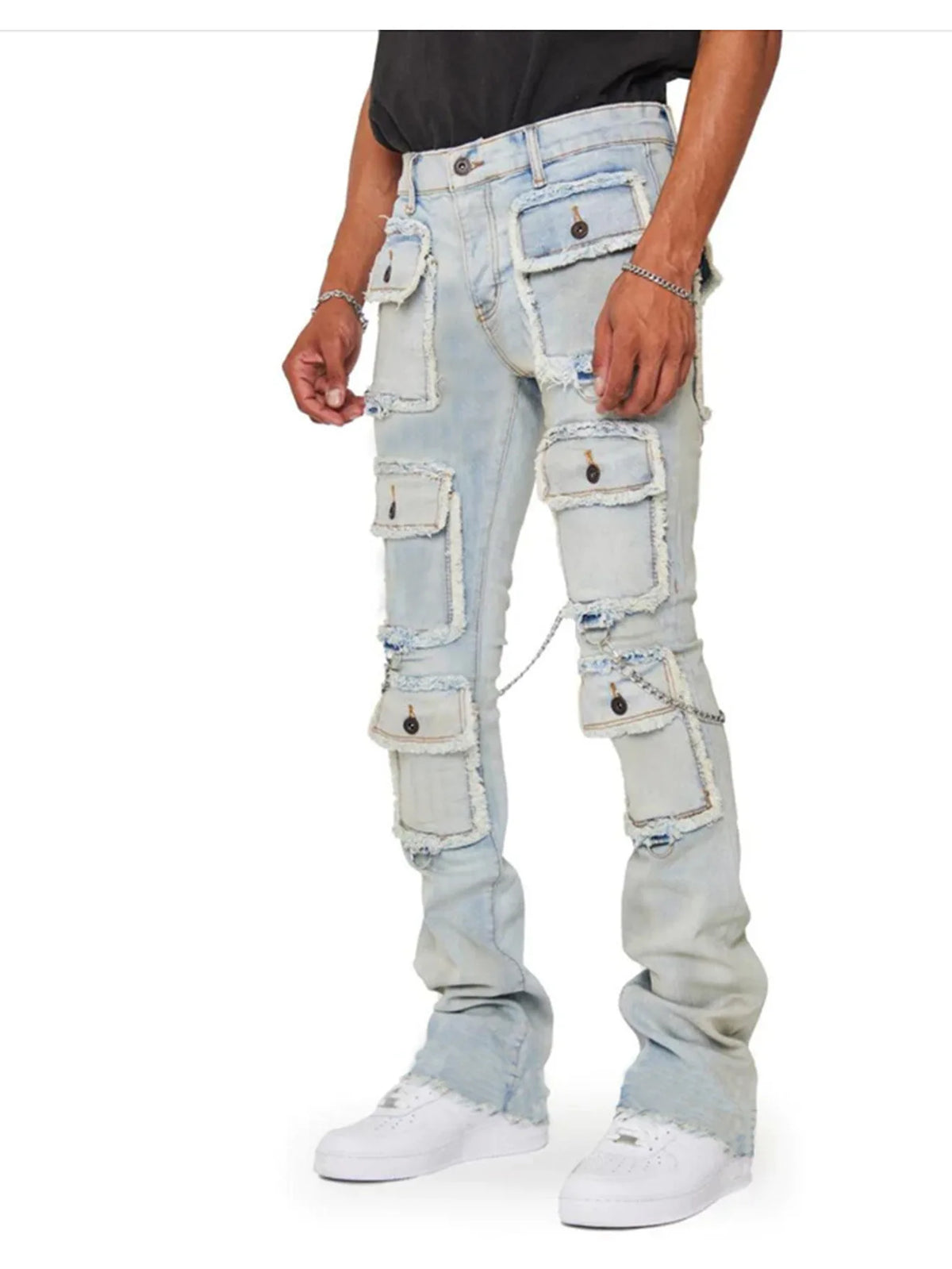 heavy industry multi pockets design denim cargo pants mens streetwear men clothing y2k aesthetic elastic slim fit jeans for man unique cargo style 2561