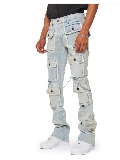 heavy industry multi pockets design denim cargo pants mens streetwear men clothing y2k aesthetic elastic slim fit jeans for man unique cargo style 2561