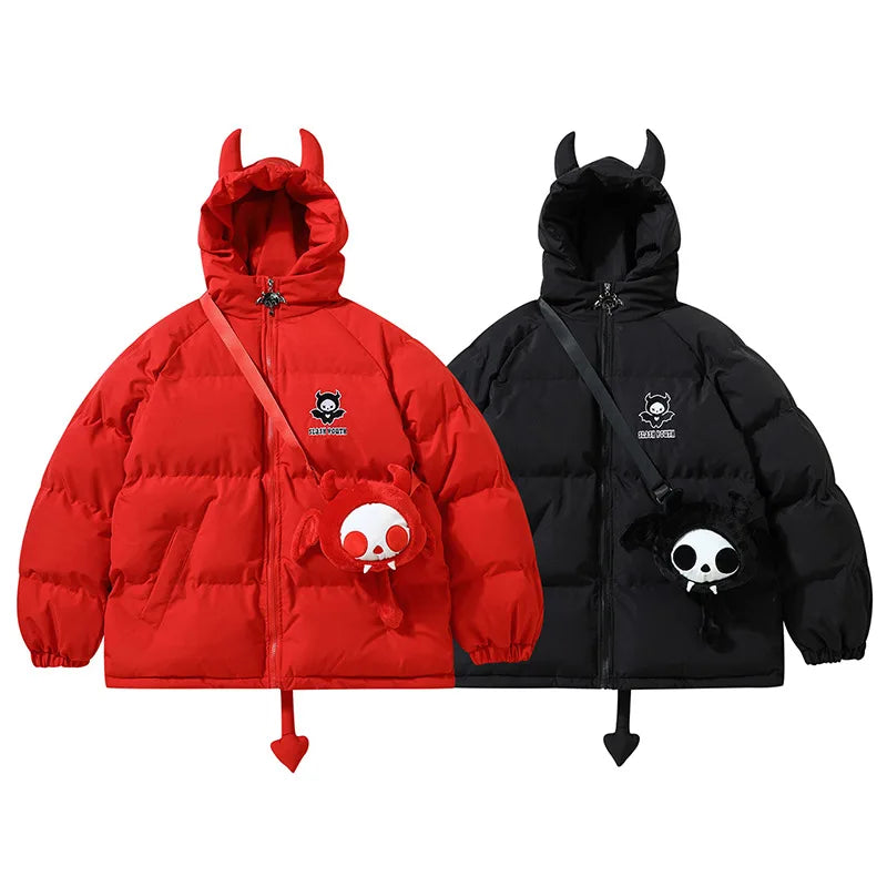 Mens Warm Down Jackets Trendy Little Devil Padded Parkas Horns Wing Tail Hooded Coat Hip Hop Zipper Streetwear Unisex Street King Limited