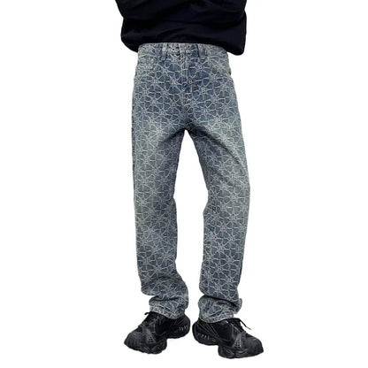 men jacquard streetwear hip hop vibe casual straight denim jeans pants boyfriend high street ripped jeans trousers ripped baggy denim
