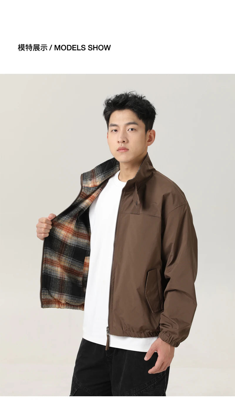 double side wearable coach jacket men streetwear fashion cleanfit splice plaid loose casual outdoor cargo jacket boyfriend coat unique cargo style 830
