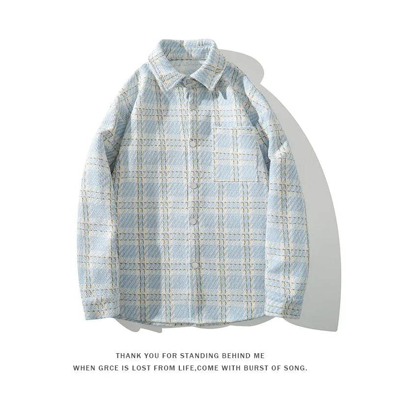 checked pattern cargo jacket coat korean style trendy breasted blouses 2024 spring male long sleeved jackets multi-pocket cargos