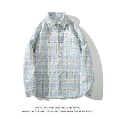 checked pattern cargo jacket coat korean style trendy breasted blouses 2024 spring male long sleeved jackets multi-pocket cargos
