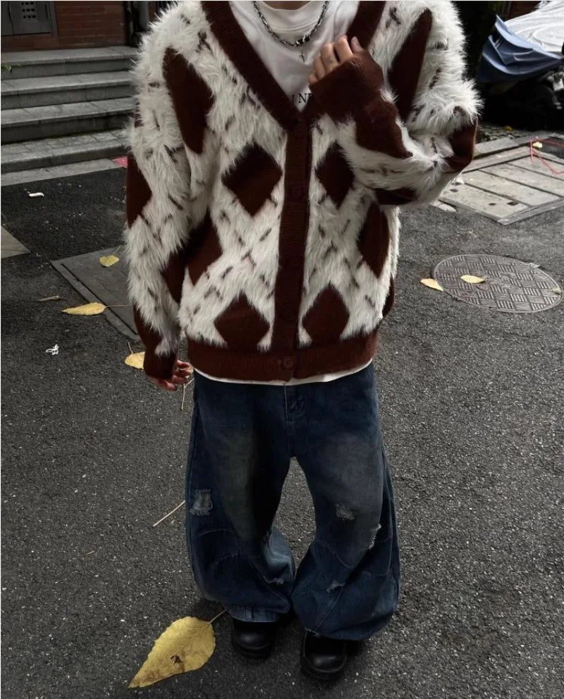 2024 New College Casual Mens Cardigan Autumn Diamond Grid Color Block Street Unisex Knitted Jacket Loose V-neck Sweater Coats Street King Limited