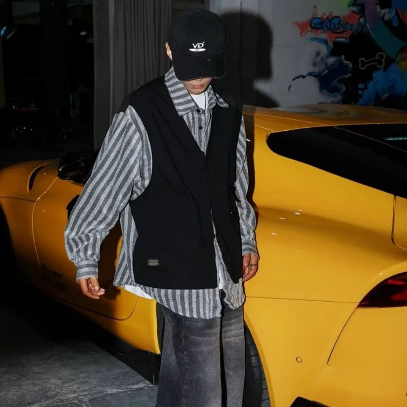 striped mens shirt jacket 2024 spring japanese street color blocked fake two coats vest tooling trend zipper long sleeved tops unique default style 2393
