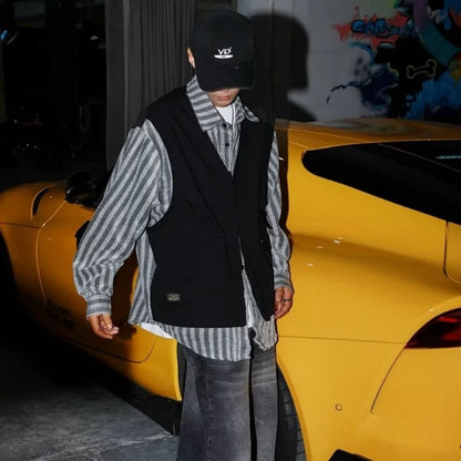 striped mens shirt jacket 2024 spring japanese street color blocked fake two coats vest tooling trend zipper long sleeved tops unique default style 2393