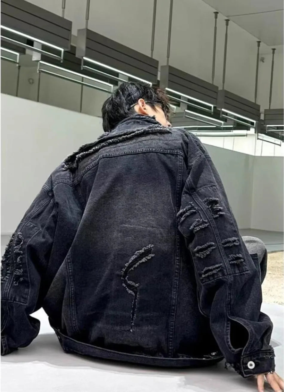 high street washed denim jacket mens trends new spring streetwear single breasted casual hip hop coats loose cowboy outwear unique jeans style 4002