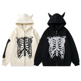 Men Zipper Hoodies Devil Horn Fleece Sweatshirt Skeleton Bone Print Coat Harajuku Loose Hip Hop Streetwear Unisex Street King Limited