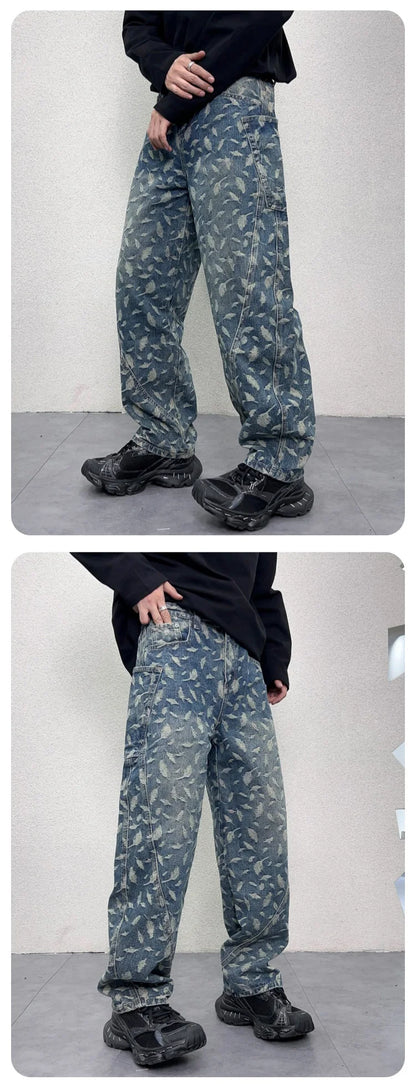 men jacquard loose casual hip hop vibe splice pocket denim baggy jeans pants man streetwear ripped jeans trousers boyfriend unique jeans style 2997