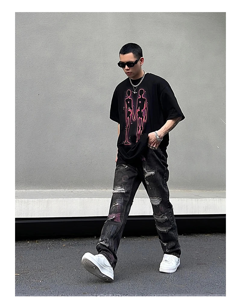 harajuku irregular scratched ripped holes denim jeans men zipper jeans hip hop streetwear new casual straight joggers jean pants unique joggers style 2946