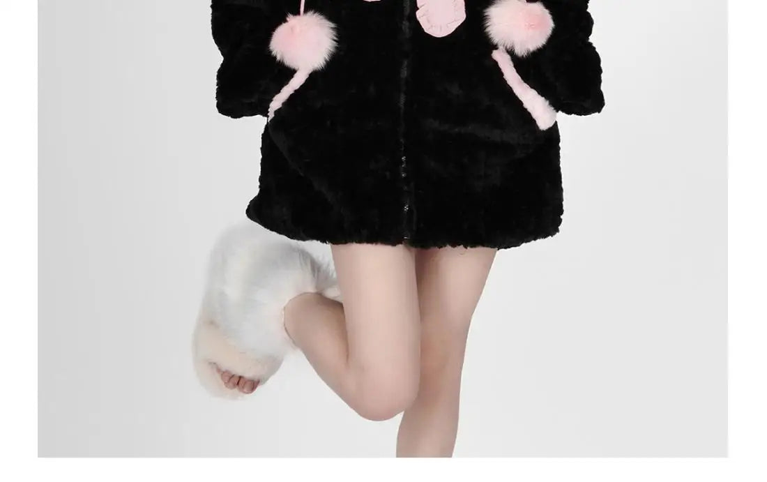 Harajuku Little WildCat Hoodies Women Bodysuit Black Tie Bowknot Cute Loose Goth Coat Y2k Style Kawaii Winter Clothes Women Street King Limited