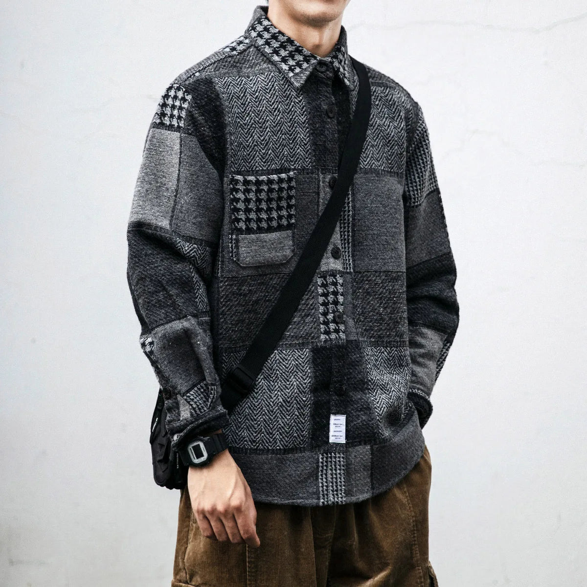 Autumn And Winter Japanese Vintage Splicing Plaid Shirt Men's Brushed Long-Sleeved Casual Thickened Versatile Woolen Shirt Street King Limited