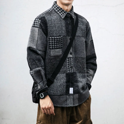 Autumn And Winter Japanese Vintage Splicing Plaid Shirt Men's Brushed Long-Sleeved Casual Thickened Versatile Woolen Shirt Street King Limited