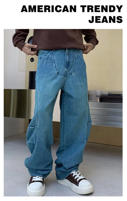 cityboy splice fashion brand jeans men streetwear hip hop vibe loose casual straight washed denim baggy jeans pant man trousers unique jeans style 2543