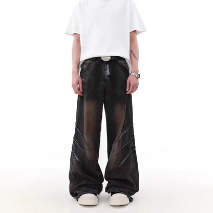 american high street scratch design men and women trendy retro straight leg jeans couple street loose wide leg casual pants y2k stacked flare jeans