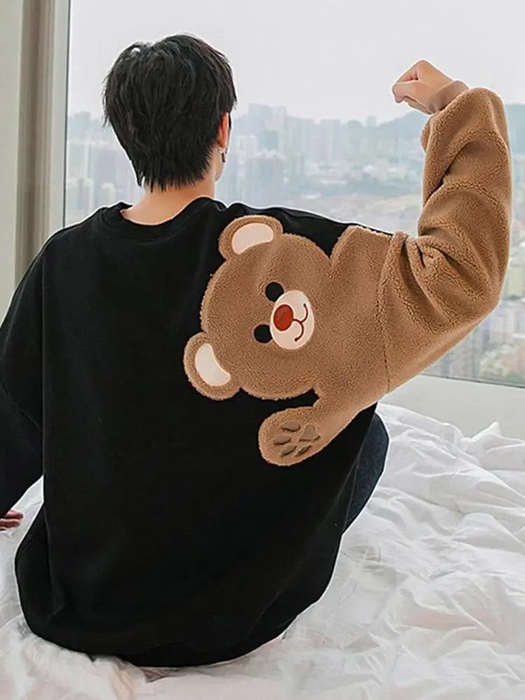 Long-sleeved Round Neck Sweater Lamb Hair Embroidery Flocking Sweater Loose Warm Winter Men's Bear Street King Limited