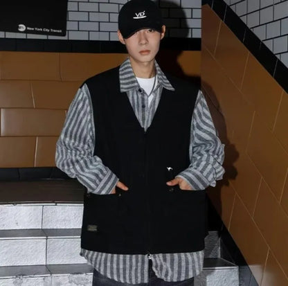 striped mens shirt jacket 2024 spring japanese street color blocked fake two coats vest tooling trend zipper long sleeved tops unique default style 2388
