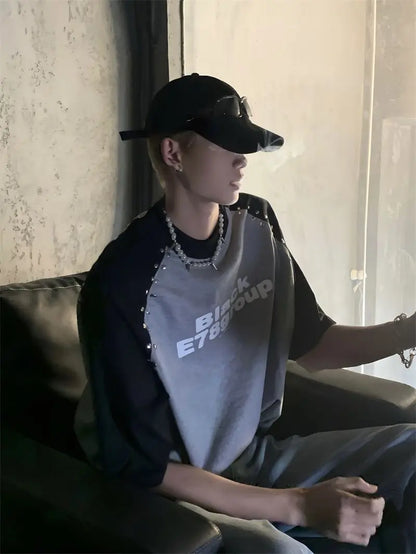 Trendy brand Korean splicing plug-in short-sleeved T-shirt men's summer design niche silver diamond design letter print y2k top Street King Limited